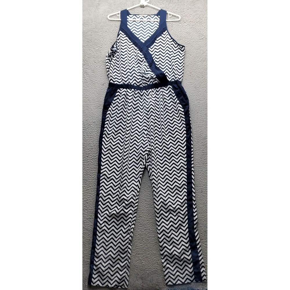 Milano Jumpsuit Womens Large Navy White Chevron Sleeveless Wrap V‎ Neck Side Zip